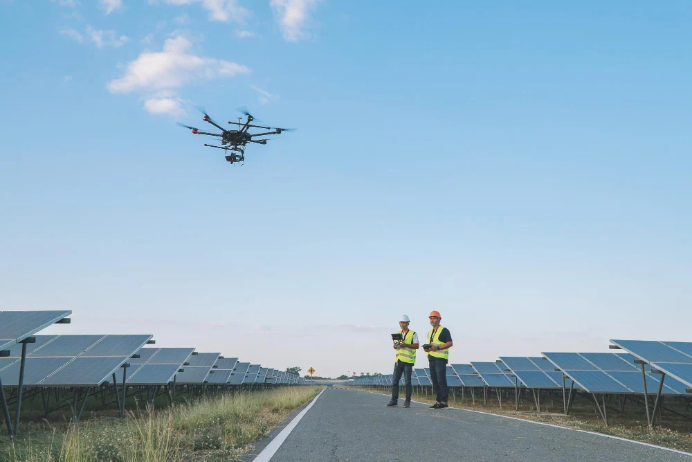 Nalot dronem nad panelami fotowoltaicznymi