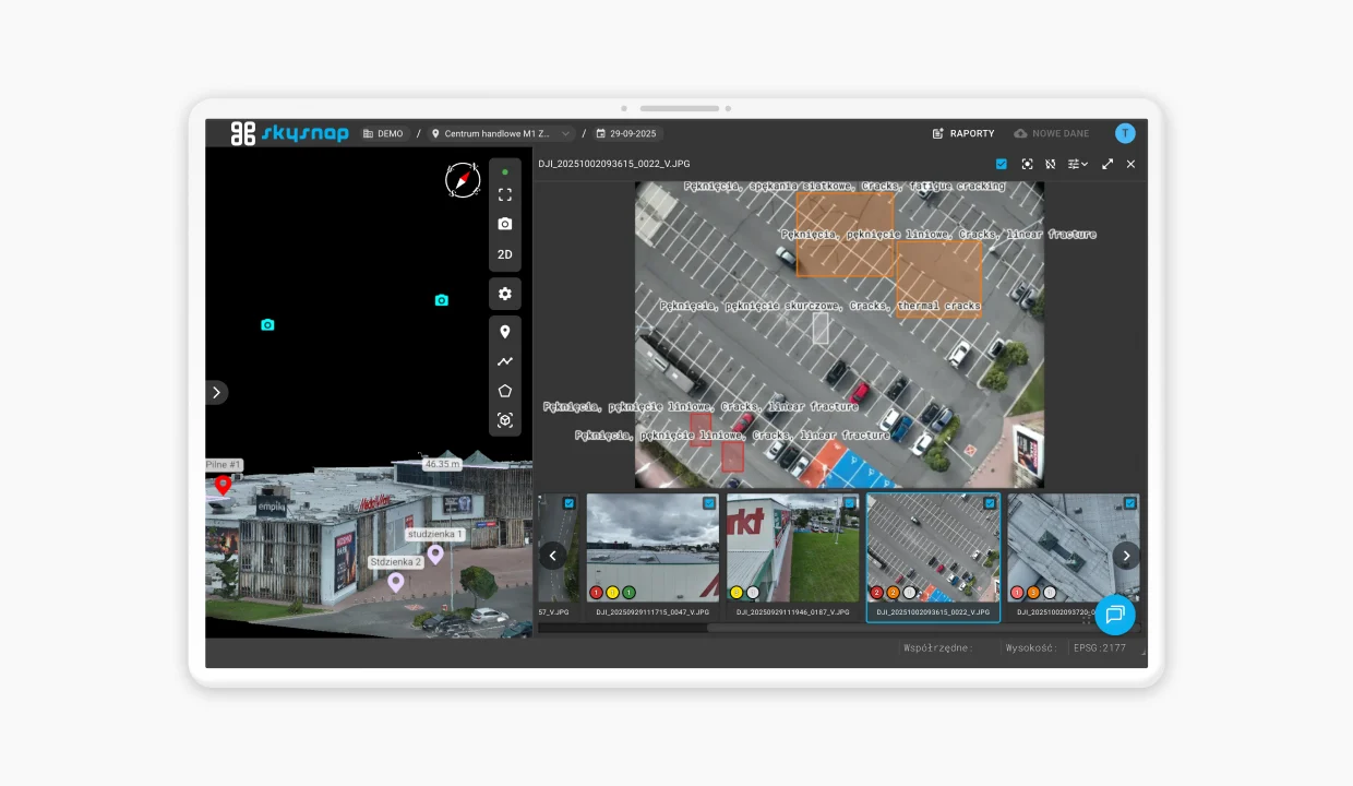 Zrzut ekranu z Portalu SkySnap pokazujący model 3D centrum handlowego oraz zdjęcie parkingu z drona z oznaczonymi pęknięciami nawierzchni: liniowymi, skurczowymi i siatkowymi.
