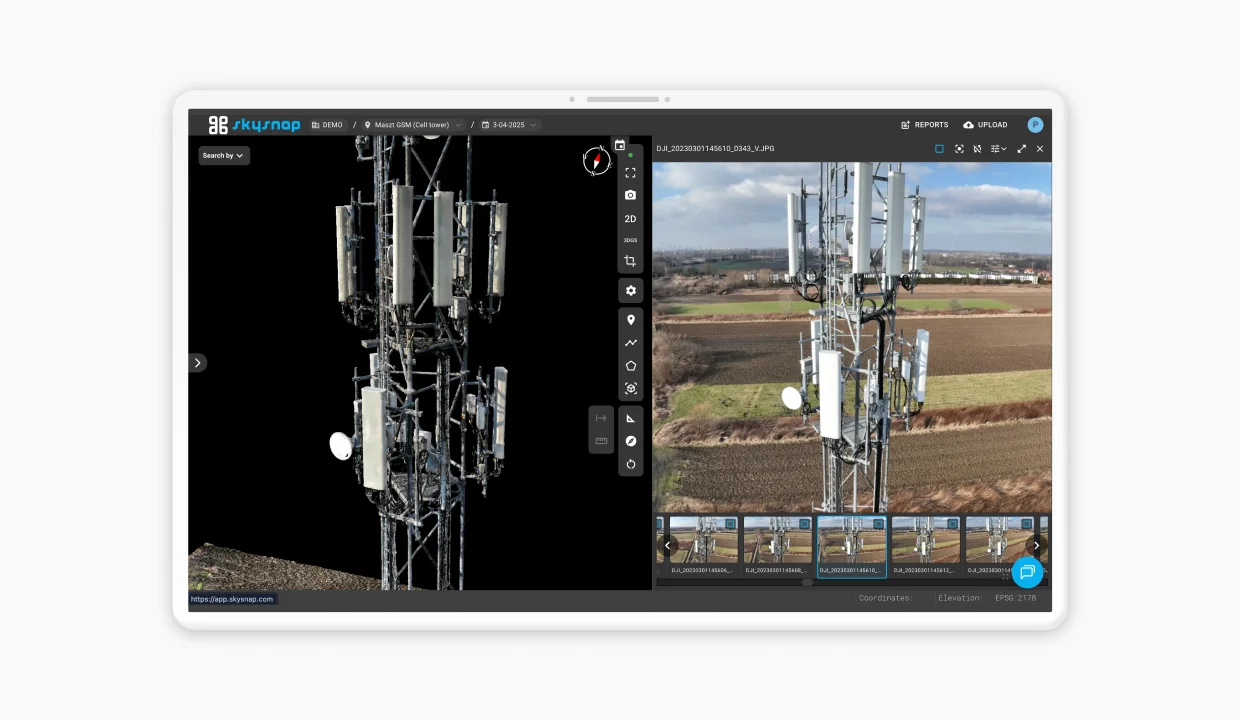 Zrzut ekranu pokazujący cyfrowego bliźniaka wieży telekomunikacyjnej / komórkowej. Obok cyfrowego bliźniaka są obrazki z inspekcji dronem